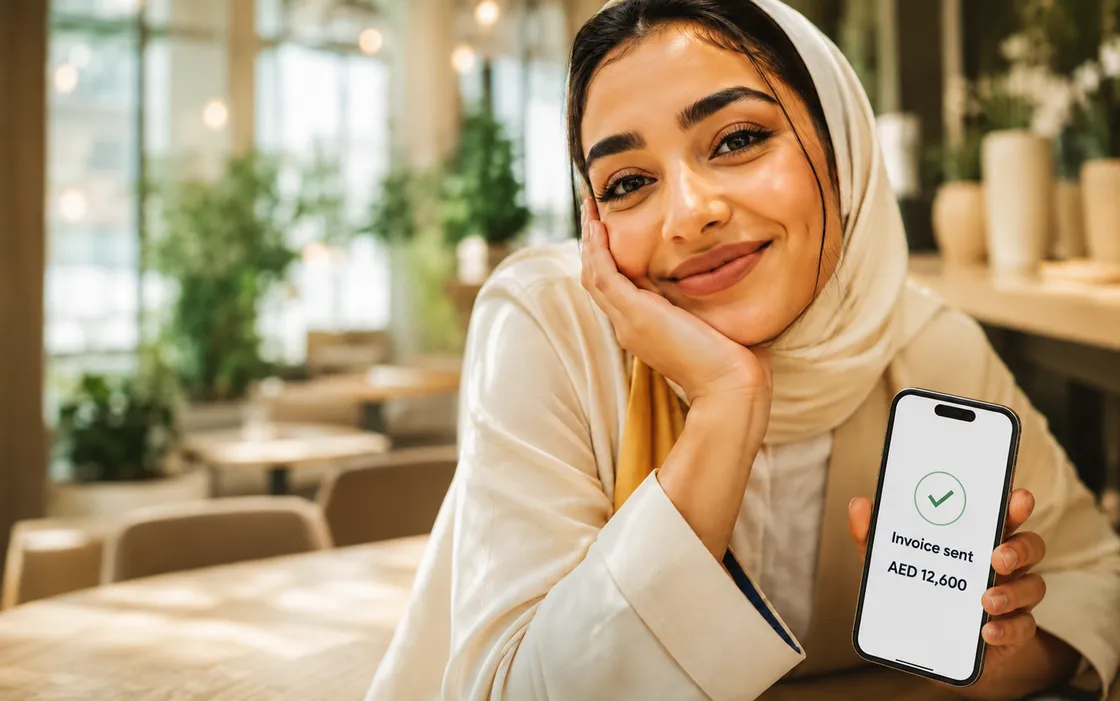 A business owner holding a phone showing an invoice sent for AED 12,600