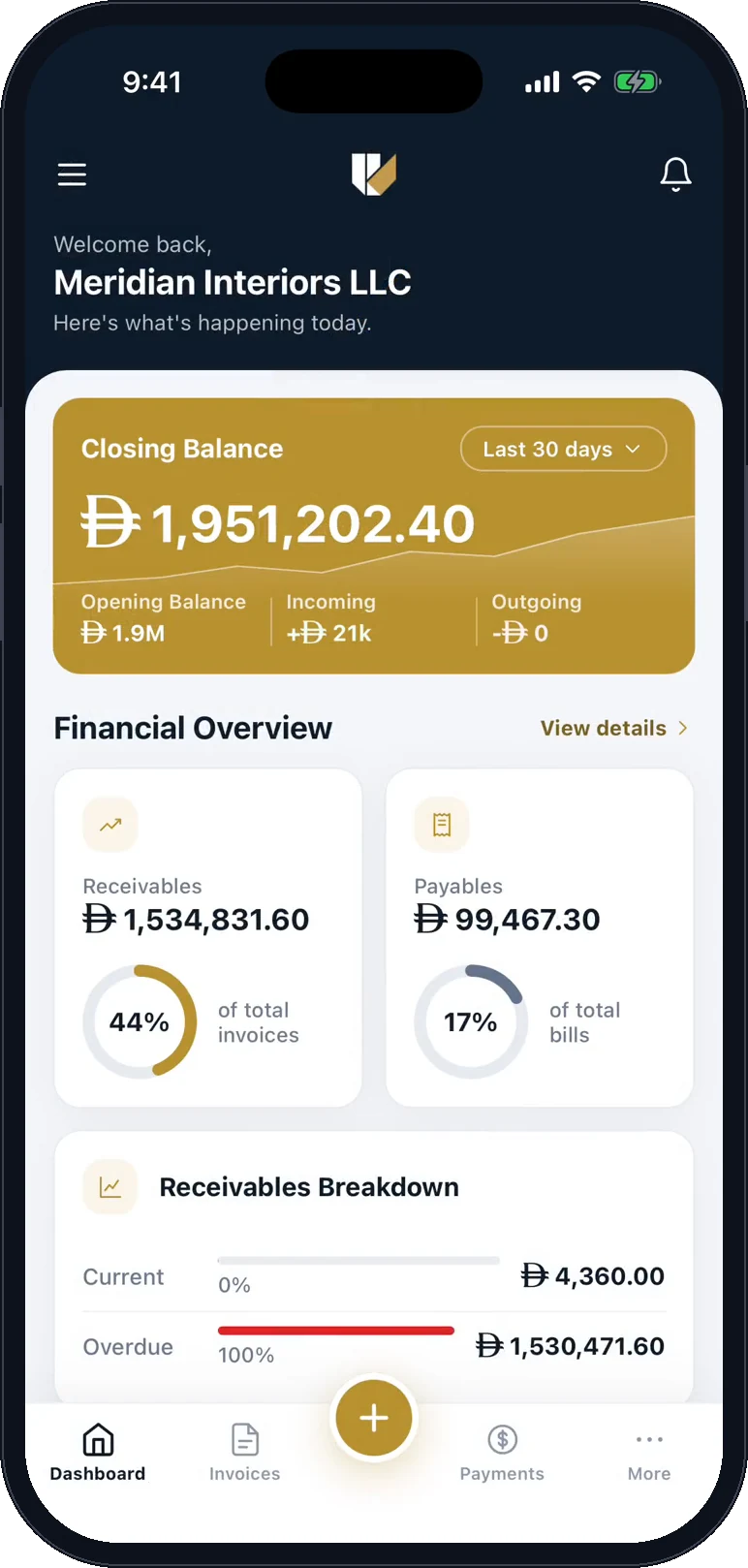 The Invroot dashboard on a phone: closing balance, receivables and payables for Meridian Interiors LLC